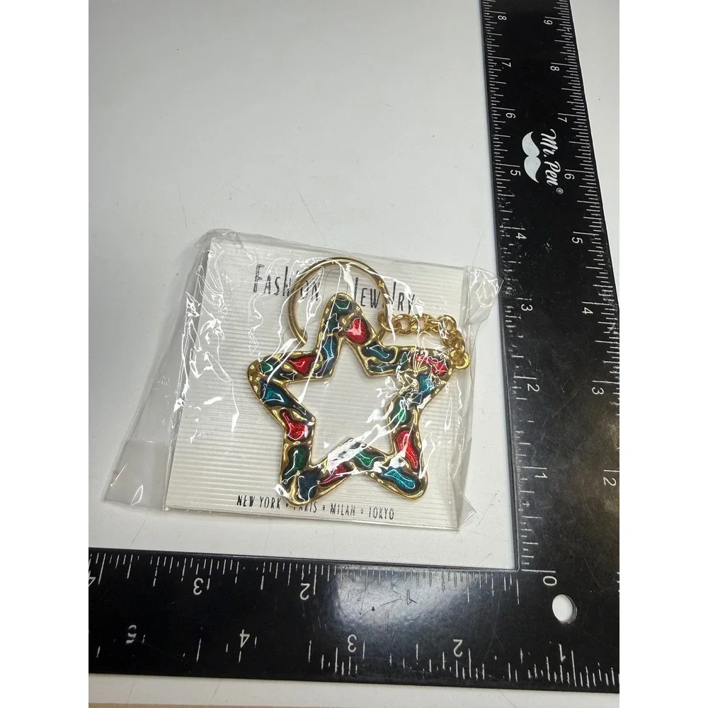 Vintage Multi Color Enamel Star Keychain Gold Tone Retro New Old Stock Bag Charm